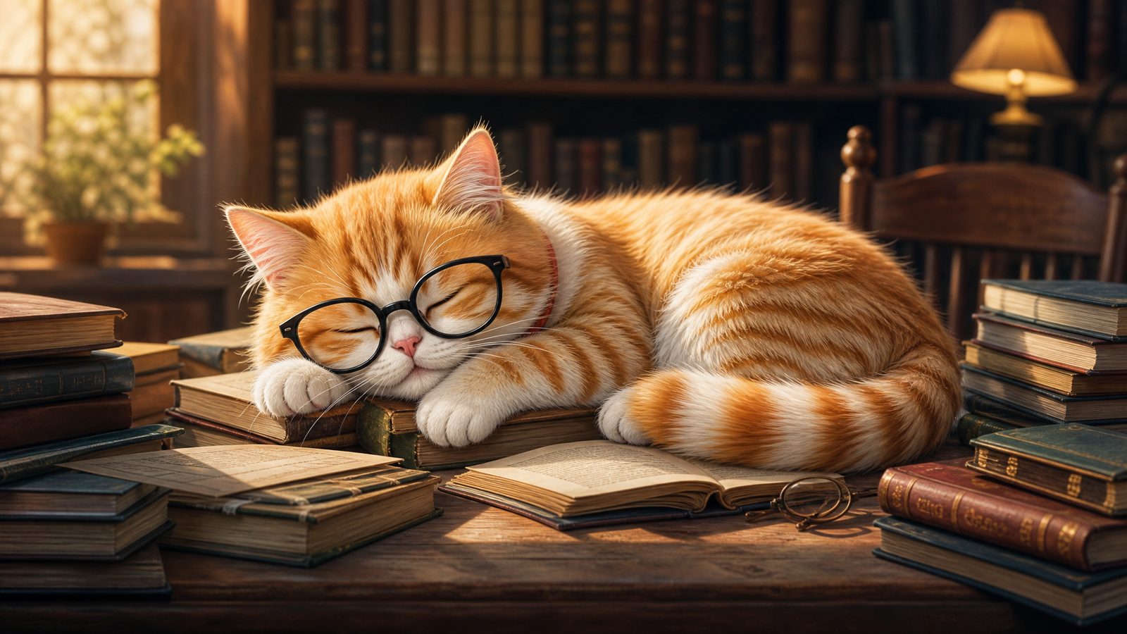 K.AI.DO mascot — an orange tabby cat with glasses, napping