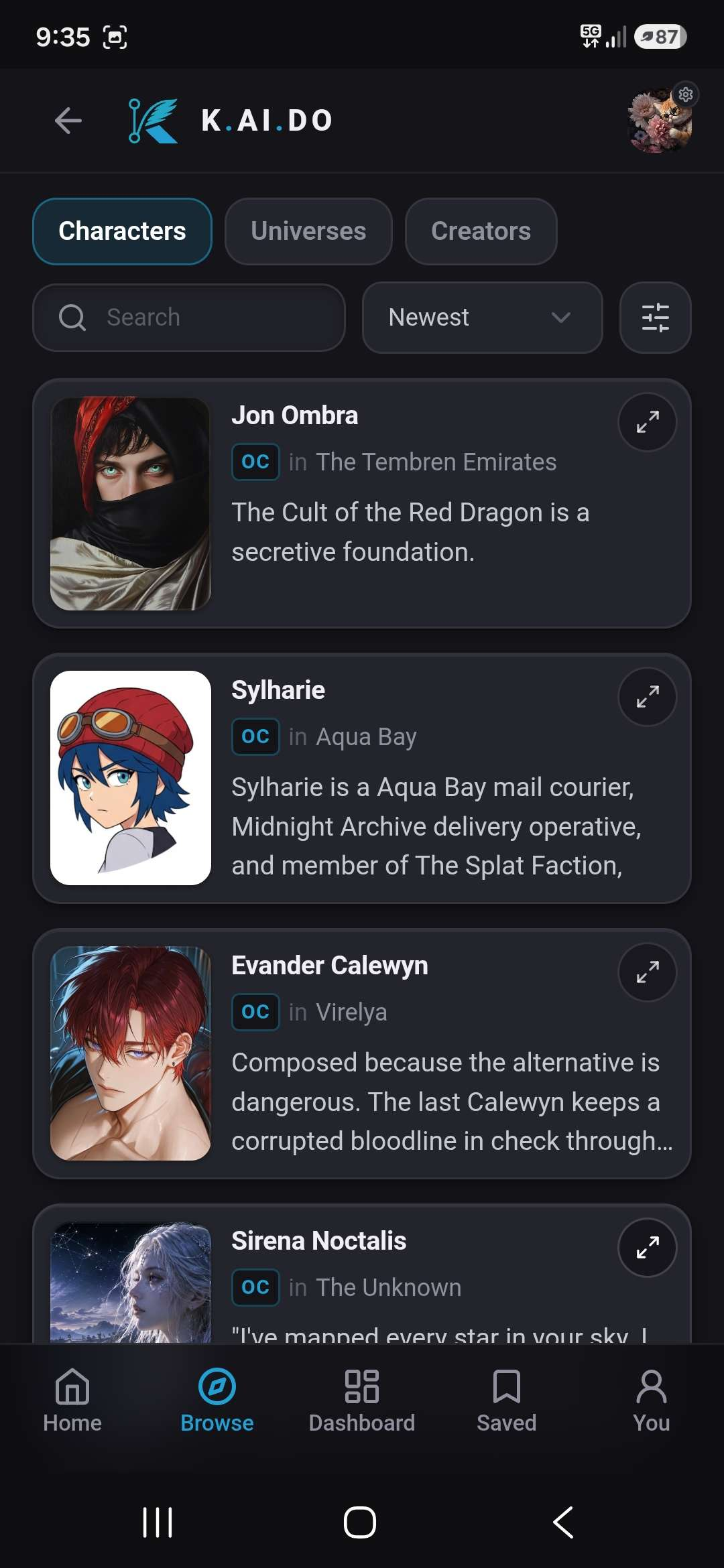 Browse page on mobile with character cards