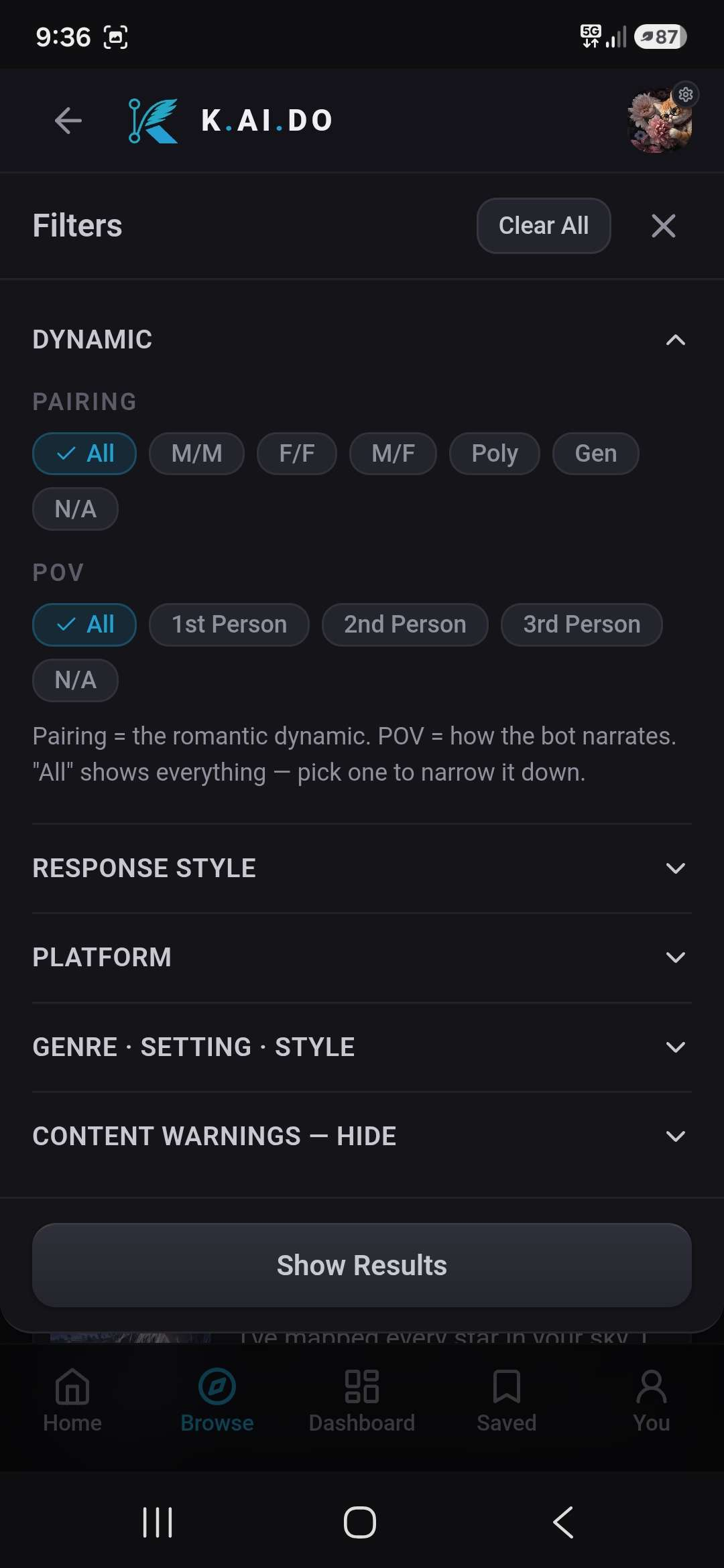 Browse filter drawer on mobile — pairing, POV, platform, genre, and content-warning filters