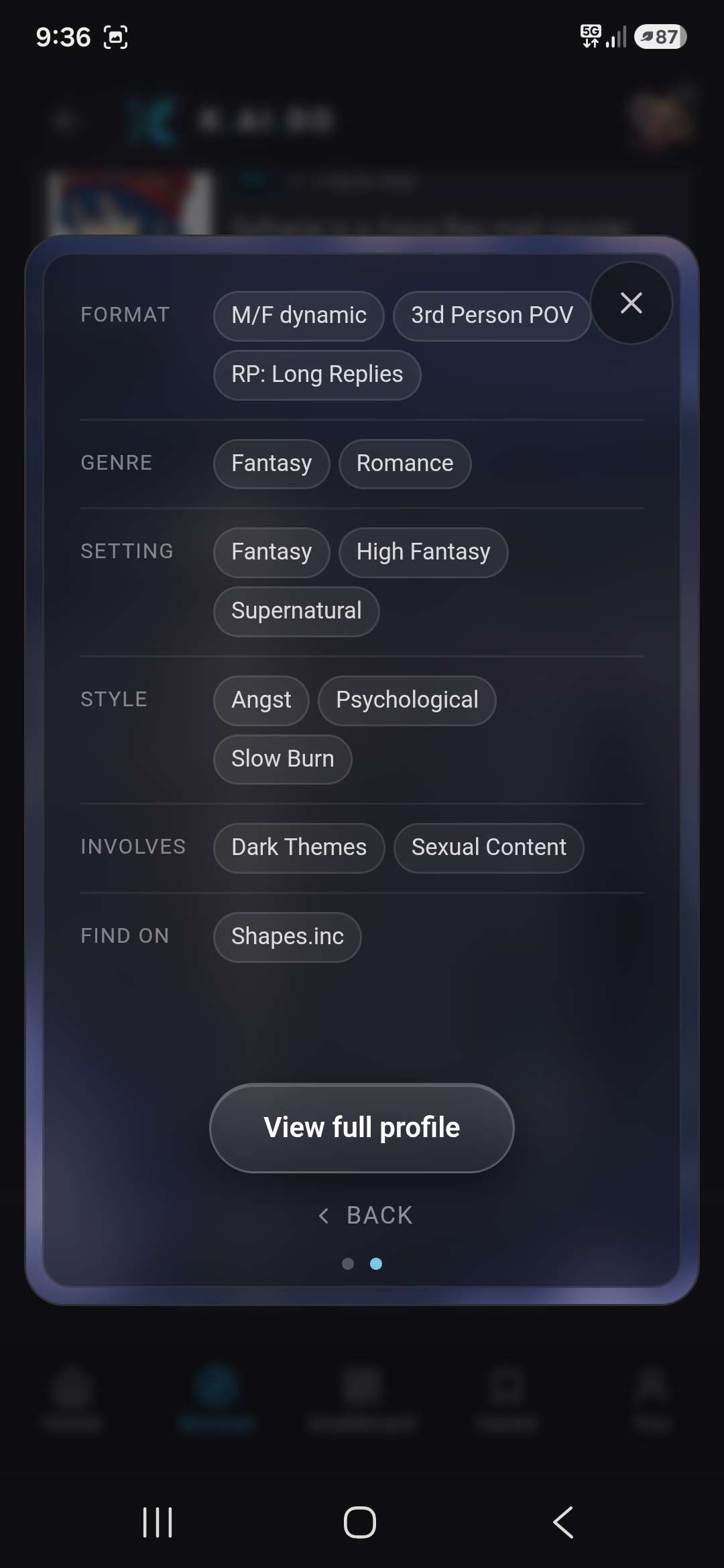 Quick-view details pane showing format, genre, setting, style, and platform tags