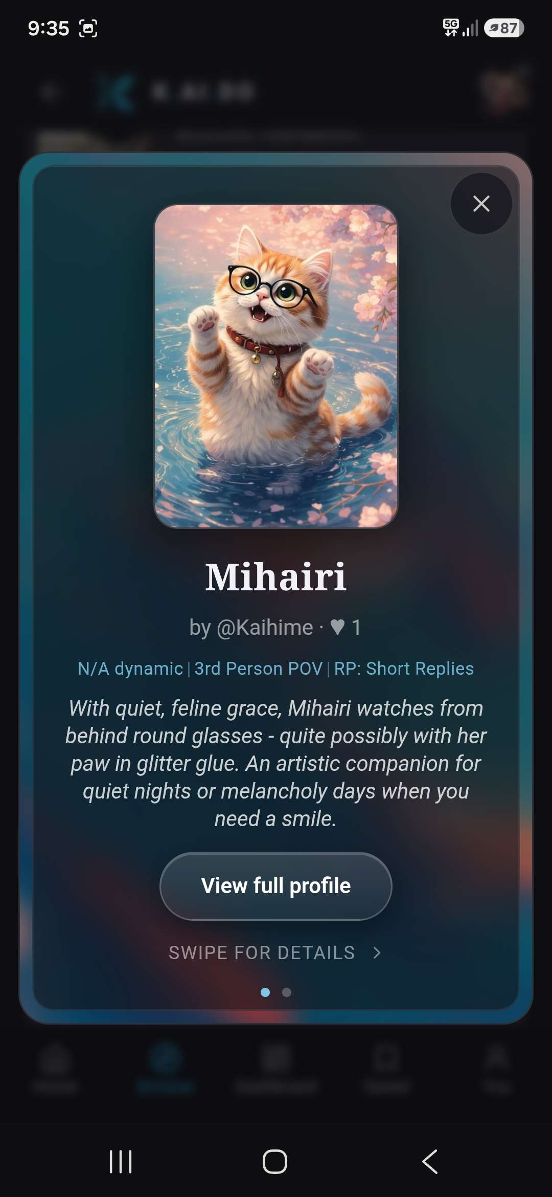 Mihairi quick-view card on mobile — a different character with its own mood
