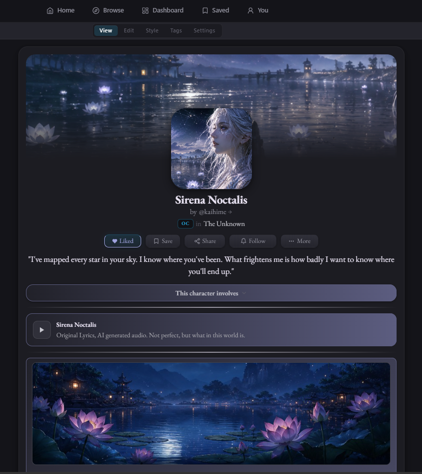 Sirena Noctalis character overview page on desktop — banner, avatar, name, buttons, and audio card