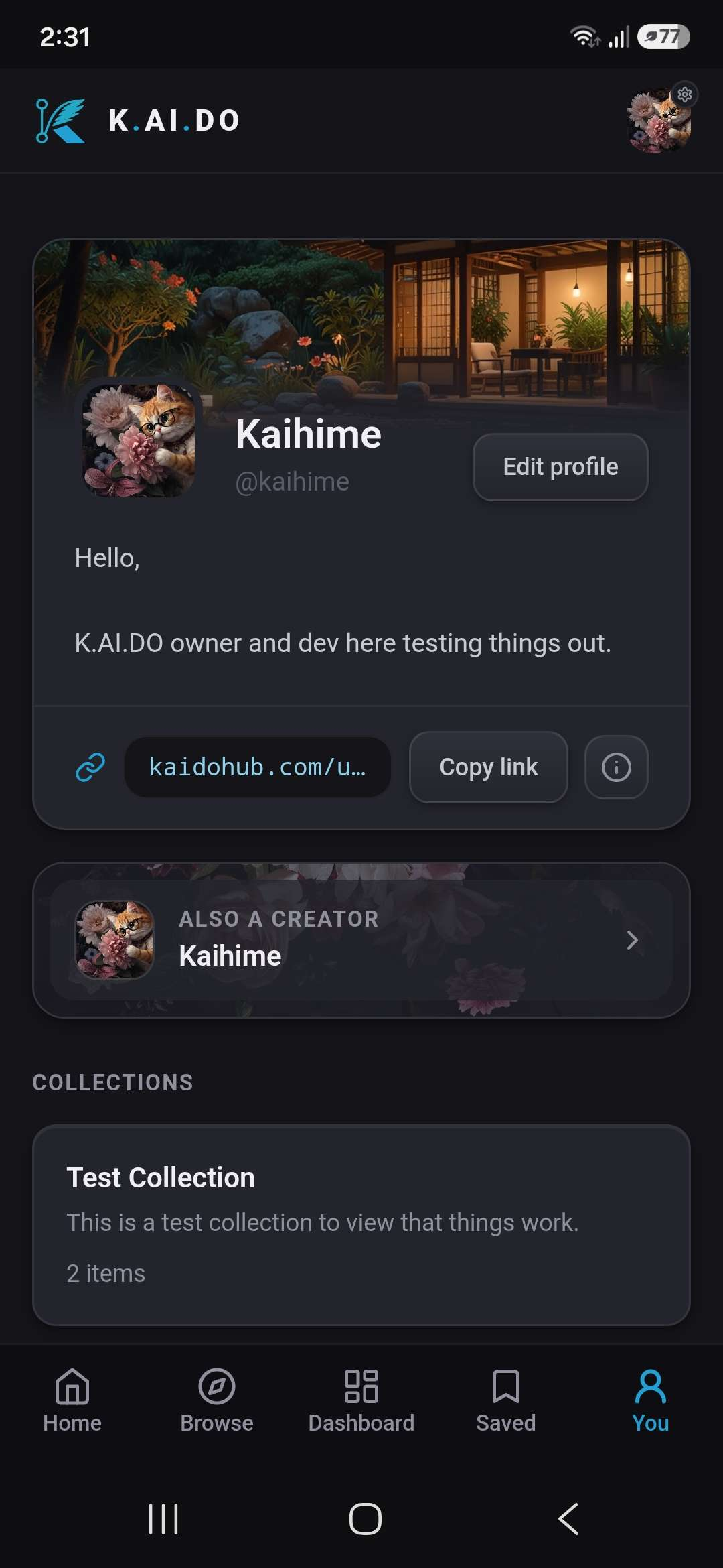 A user profile on mobile — banner, avatar, shareable link, creator card, and collections